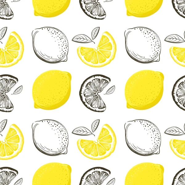 レモンのシームレスなパターン カラフルなスケッチ レモン 柑橘系の果物の背景 グリーティング カード 包装紙 化粧品パッケージ ポスターなどのメニューの要素 — ストックベクタ