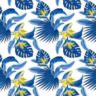 Vektör seamless modeli tropikal mavi palmiye yaprakları, monstera bırakır ve mercan cennet kuşu (STERLİÇYA) plumeria bir ışık çiçeklerin arka plan mavi. Duvar kağıdı eğilim tasarım.