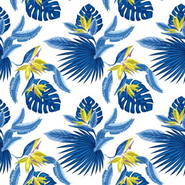 Vektör seamless modeli tropikal mavi palmiye yaprakları, monstera bırakır ve mercan cennet kuşu (STERLİÇYA) plumeria bir ışık çiçeklerin arka plan mavi. Duvar kağıdı eğilim tasarım.