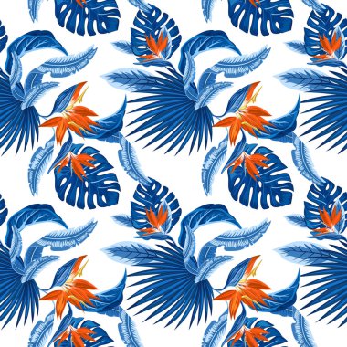 Vektör seamless modeli tropikal mavi palmiye yaprakları, monstera bırakır ve mercan cennet kuşu (STERLİÇYA) plumeria bir ışık çiçeklerin arka plan mavi. Duvar kağıdı eğilim tasarım.