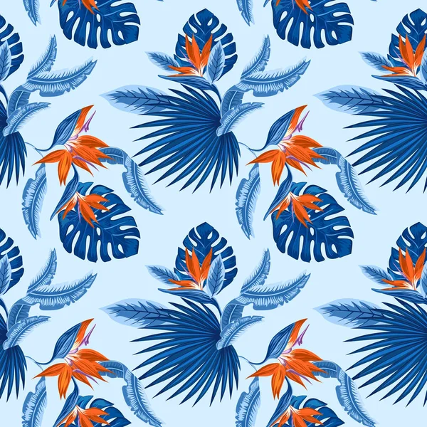 Naadloze Patroon Vector Van Tropische Blauwe Palm Bladeren Monstera Verlaat — Stockvector