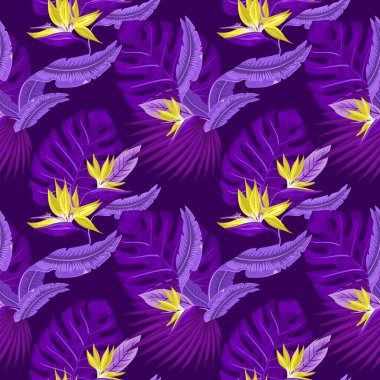 Vektör seamless modeli tropikal mavi palmiye yaprakları, monstera bırakır ve mercan cennet kuşu (STERLİÇYA) plumeria bir ışık çiçeklerin arka plan mavi. Duvar kağıdı eğilim tasarım.