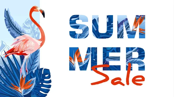 Flamingo ve tropikal palmiye yaprakları, bitkiler, cennet kuşu. Negatif alan eğilim. Yaz afiş, poster, el ilanı, afiş davetiye.