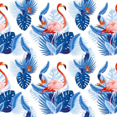 Vektör Dikişsiz tropikal desen, egzotik kuşlar, canlı tropik bitki örtüsü, monstera yaprak, palmiye yaprakları, cennet kuşu çiçeği. Desen trend tasarım.