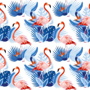 Vektör Dikişsiz tropikal desen, egzotik kuşlar, canlı tropik bitki örtüsü, monstera yaprak, palmiye yaprakları, cennet kuşu çiçeği. Desen trend tasarım.