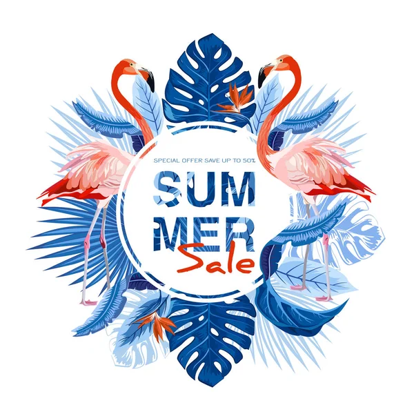 Tropikal vektör çizim ile flamingo ve tropikal palmiye yaprakları, bitkiler, cennet kuşu. Yuvarlak çerçeve. 