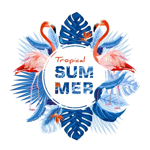 Тропічні Векторні Ілюстрації Фламінго Тропічними Листям Пальми Рослинами Птахами Раю — стоковий вектор