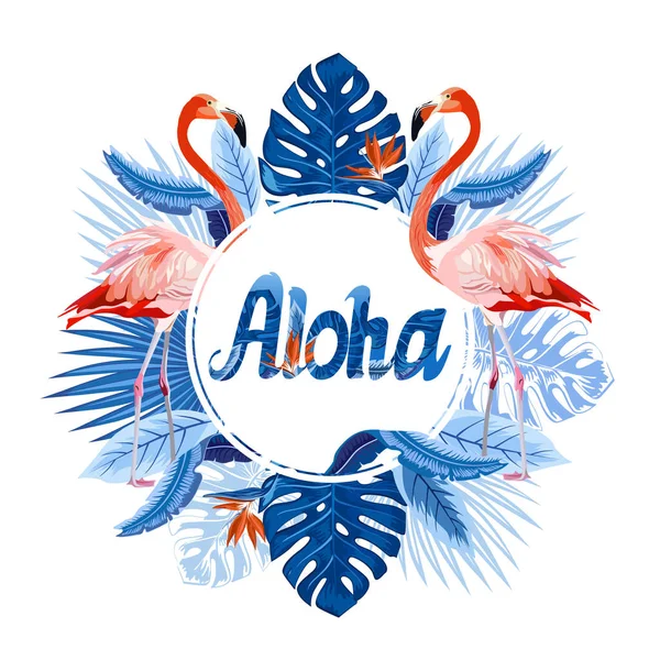 Illustrazione Tropicale Aloha Vettoriale Con Fenicottero Foglie Palma Fiori Esotici — Vettoriale Stock