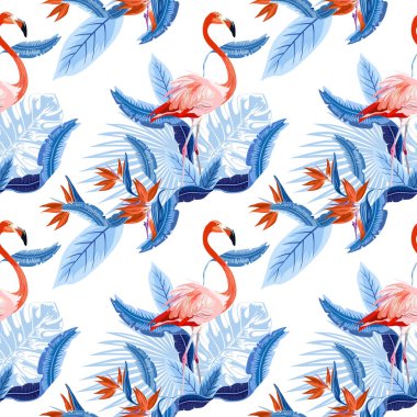 Vektör Dikişsiz tropikal desen, egzotik kuşlar, canlı tropik bitki örtüsü, monstera yaprak, palmiye yaprakları, cennet kuşu çiçeği. Desen trend tasarım.