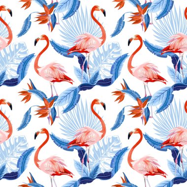 Vektör Dikişsiz tropikal desen, egzotik kuşlar, canlı tropik bitki örtüsü, monstera yaprak, palmiye yaprakları, cennet kuşu çiçeği. Desen trend tasarım.