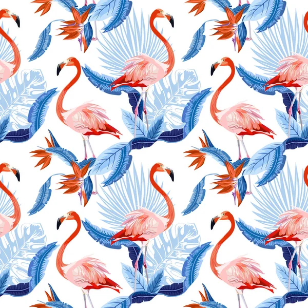 Vektör Dikişsiz tropikal desen, egzotik kuşlar, canlı tropik bitki örtüsü, monstera yaprak, palmiye yaprakları, cennet kuşu çiçeği. Desen trend tasarım.