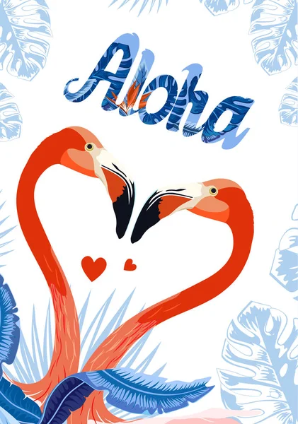 Exotische Flamingos Und Tropische Palmenblätter Pflanzen Aloha Karte Design Vorlagen — Stockfoto