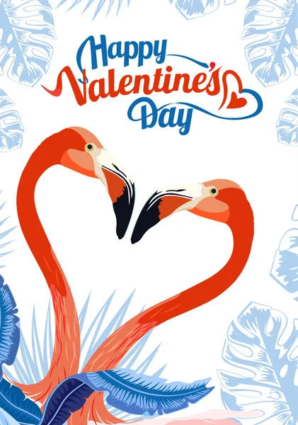 Cartão Dia Dos Namorados Feliz Definido Flamingo Exótico Folhas Palma — Fotografia de Stock