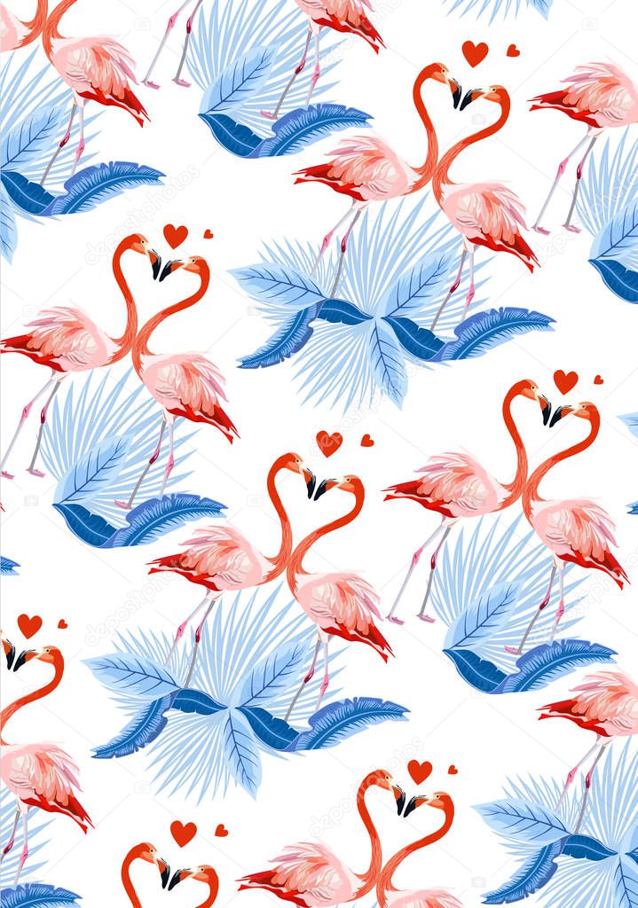 Exotic flamingo and tropical palm leaves, plants. Aloha card. Design templates. Design element for card, poster, banner, and other use. 