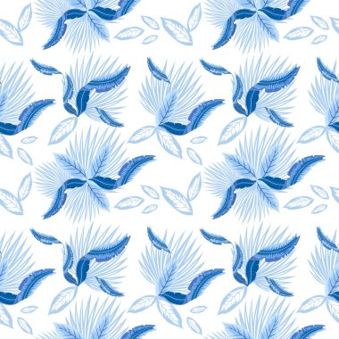 Vektör seamless modeli tropikal palmiye yaprakları, monstera bırakır. Duvar kağıdı eğilim tasarım.