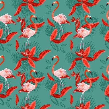 Vektör Dikişsiz tropikal desen, egzotik kuşlar, canlı tropik bitki örtüsü, monstera yaprak, palmiye yaprakları, cennet kuşu çiçeği. Desen trend tasarım.