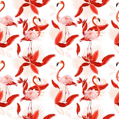 Vektör Dikişsiz tropikal desen, egzotik kuşlar, canlı tropik bitki örtüsü, monstera yaprak, palmiye yaprakları, cennet kuşu çiçeği. Desen trend tasarım.