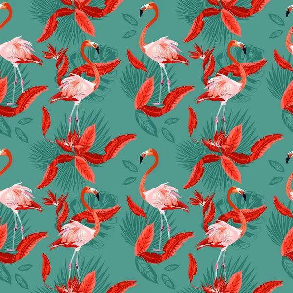 Vektör Dikişsiz tropikal desen, egzotik kuşlar, canlı tropik bitki örtüsü, monstera yaprak, palmiye yaprakları, cennet kuşu çiçeği. Desen trend tasarım.