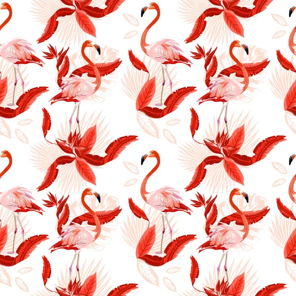 Vektör Dikişsiz tropikal desen, egzotik kuşlar, canlı tropik bitki örtüsü, monstera yaprak, palmiye yaprakları, cennet kuşu çiçeği. Desen trend tasarım.