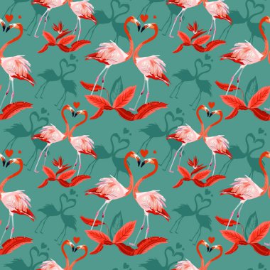 Vektör Dikişsiz tropikal desen, iki flamingolar içinde sevgi ve tropikal palmiye yaprakları, bitkiler, cennet kuşu. Romantik Sevgililer günü şablonu. Desen trend tasarım.