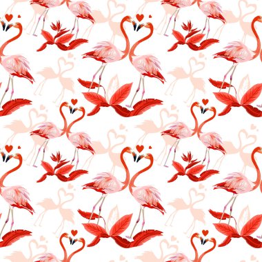 Vektör Dikişsiz tropikal desen, iki flamingolar içinde sevgi ve tropikal palmiye yaprakları, bitkiler, cennet kuşu. Romantik Sevgililer günü şablonu. Desen trend tasarım.
