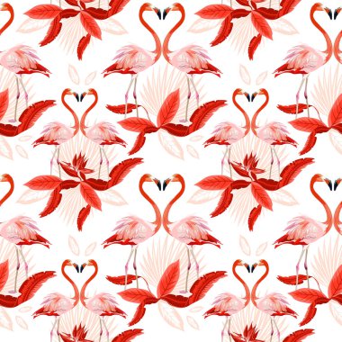 Vektör Dikişsiz tropikal desen, iki flamingolar içinde sevgi ve tropikal palmiye yaprakları, bitkiler, cennet kuşu. Romantik Sevgililer günü şablonu. Desen trend tasarım.