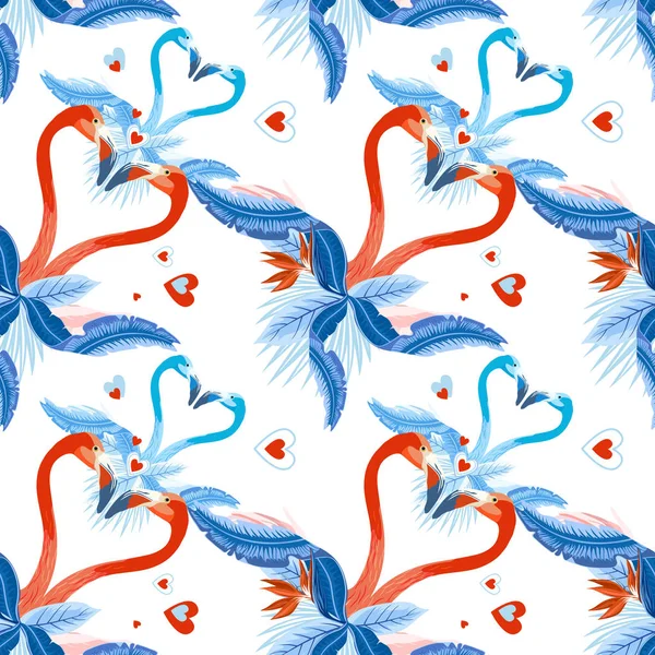 Padrão Tropical Sem Costura Vetorial Dois Flamingos Apaixonados Folhas Palmeira — Vetor de Stock