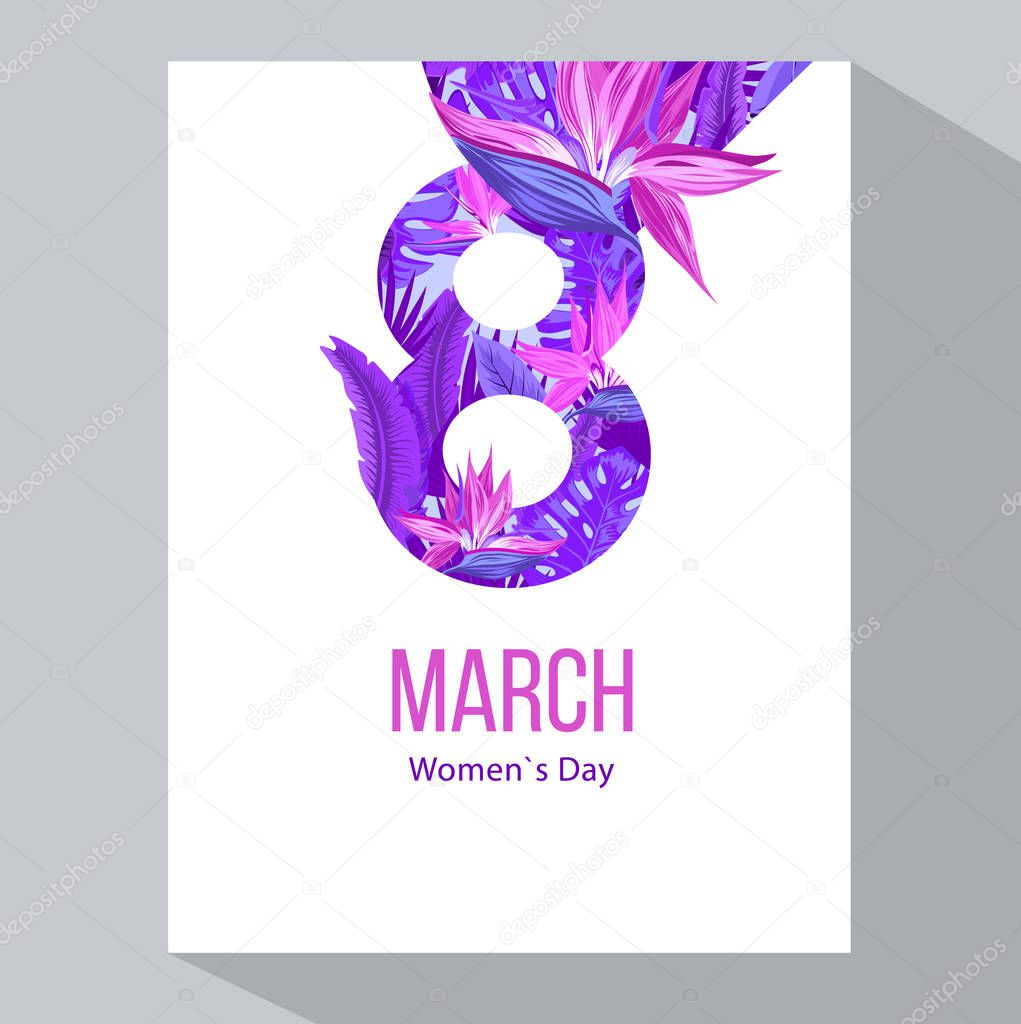 8 March. Happy Women`s Day. Negative space trend. Tropical palm leaves, plants. Exotic Hawaiian holidays. Mother s Day.