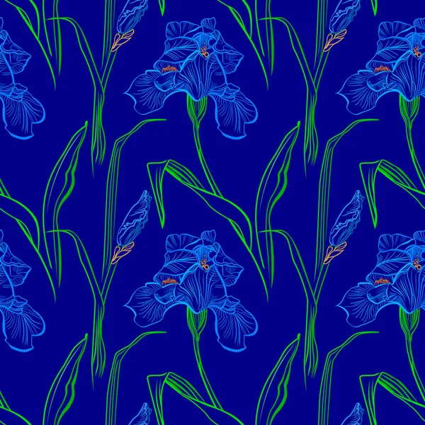 Modèle Vectoriel Sans Couture Fleurs Iris Néon Fond Fleuri Texture — Image vectorielle