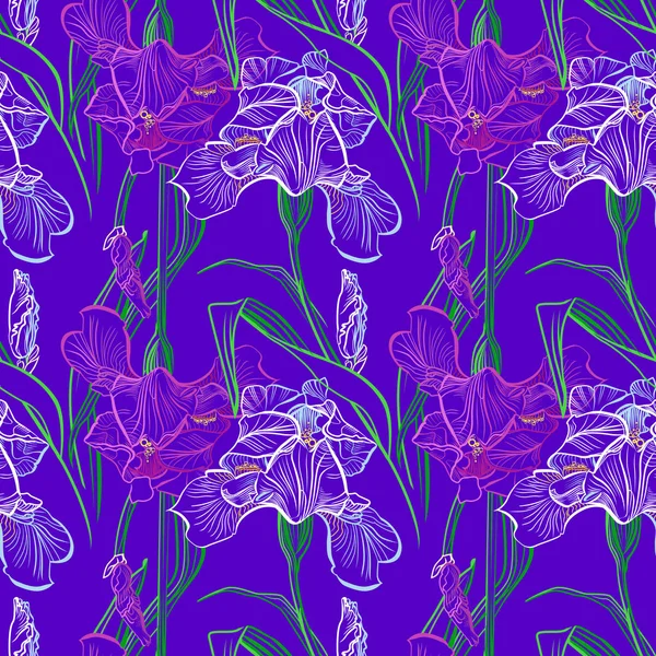 Iris Blumen Vektor Nahtlose Muster Geblümt Hintergrund Der Botanik Textur — Stockvektor