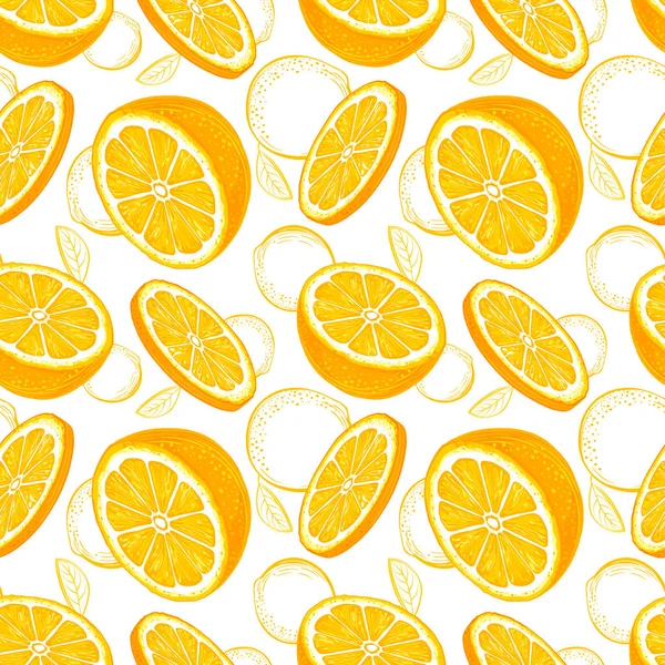 Patrón Sin Costura Naranja Boceto Naranjas Fondo Frutas Cítricas Elementos — Vector de stock