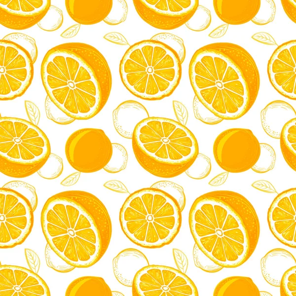 Orangefarbenes Nahtloses Muster Orangen Skizzieren Zitrusfrüchte Hintergrund Elemente Für Speisekarten — Stockvektor