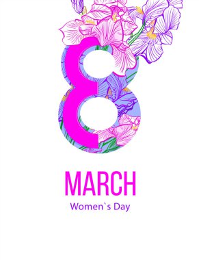 8 Mart. Mutlu kadınlar günü. Negatif alan eğilim. Iris çiçek gravür tarzında. Renk Iris çiçek kroki