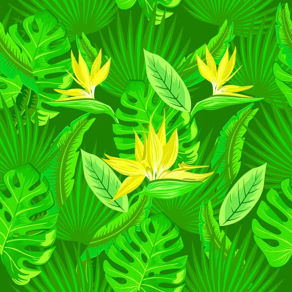 熱帯ネオン緑のヤシの葉 モンステラの葉と緑の背景の鳥の楽園 ストレチア プルメリアの黄色い花のシームレスなパターンをベクトルします トレンド デザインを壁紙します — ストックベクタ