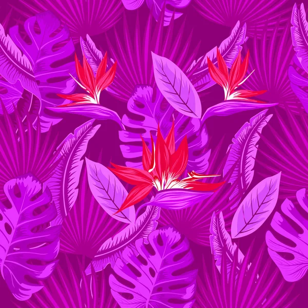 Vector Seamless Pattern Tropical Neon Purple Palm Leaves Monstera Leaves — Stock Vector