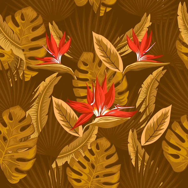 ベージュと茶色の熱帯のヤシの葉 モンステラの葉と茶色の背景の鳥の楽園 ストレチア プルメリアの赤い花のシームレスなパターンをベクトルします トレンド デザインを壁紙します — ストックベクタ