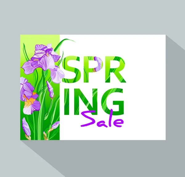 Frühjahrsverkauf Hintergrund Mit Iris Blumen Frühjahrsplakat Plakat Flyer Banner Einladungskarte — Stockvektor