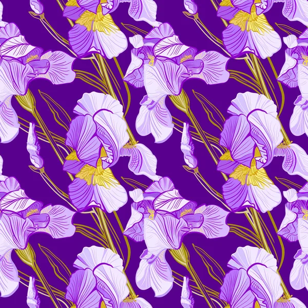 アイリスの花と花柄 カラフルな菖蒲の花のシームレス パターン — ストックベクタ
