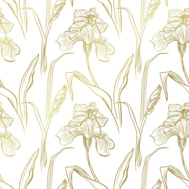 Çiçek desenli Iris çiçekli. Altın süsen çiçek desenle sorunsuz vektör.