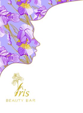 Iris güzellik bar. Güzellik salonları, otel Salonu Güzellik resort and spa için afiş. Süsen çiçek çerçevede bir genç kız resmi tasarım yapın. Negatif alan eğilim.