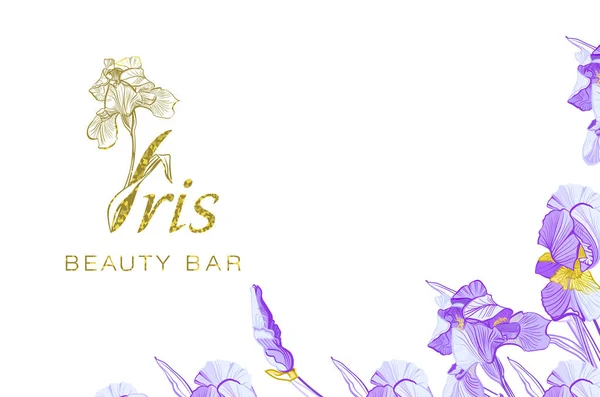 Iris flower logo in the style of engraving. Beauty logo.  Beauty Bar. Business cards design template. Romantic design for natural cosmetics, perfume, women products.