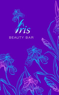 Iris çiçek logosu gravür tarzında. Güzellik logo. Güzellik Bar. Broşür afiş tasarım şablonu. Doğal kozmetik, parfüm, kadın ürünleri için romantik tasarım.