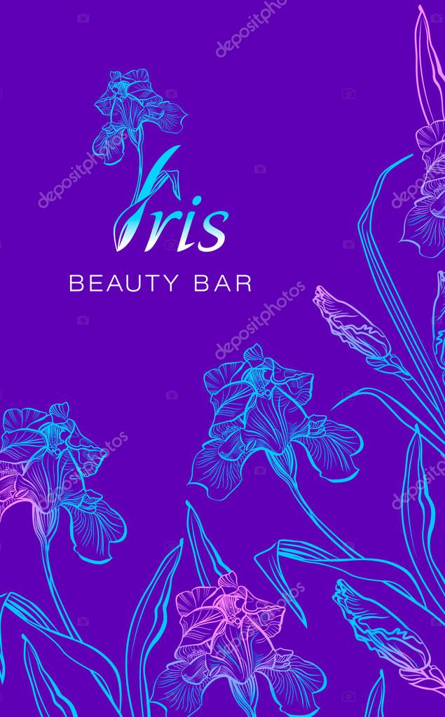 Iris flower logo in the style of engraving.  Beauty logo.  Beauty Bar. Brochure flyer design template. Romantic design for natural cosmetics, perfume, women products.