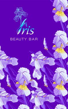 Iris çiçek logosu gravür tarzında. Güzellik logo. Güzellik Bar. Broşür afiş tasarım şablonu. Doğal kozmetik, parfüm, kadın ürünleri için romantik tasarım.
