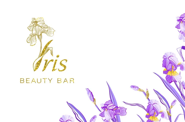 Iris flower logo in the style of engraving. Beauty logo.  Beauty Bar. Business cards design template. Romantic design for natural cosmetics, perfume, women products.