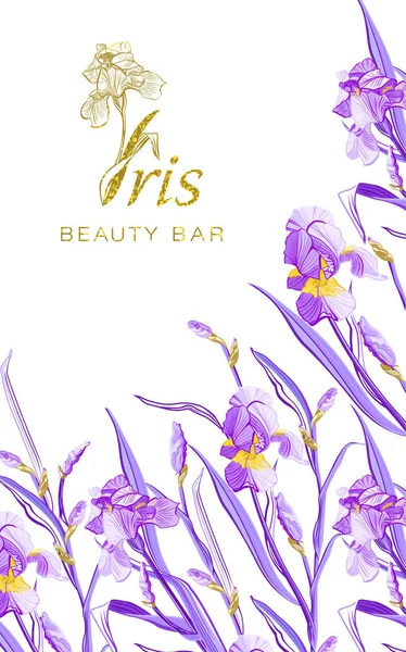 Iris flower logo in the style of engraving. Beauty logo.  Beauty Bar. Brochure flyer design template. Romantic design for natural cosmetics, perfume, women products.