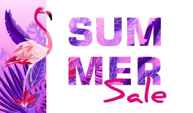 Yaz tropikal arka tropikal palmiye yaprakları, bitkiler ve pembe flamingo. Negatif alan eğilim. Yaz afiş, poster, el ilanı, afiş davetiye.