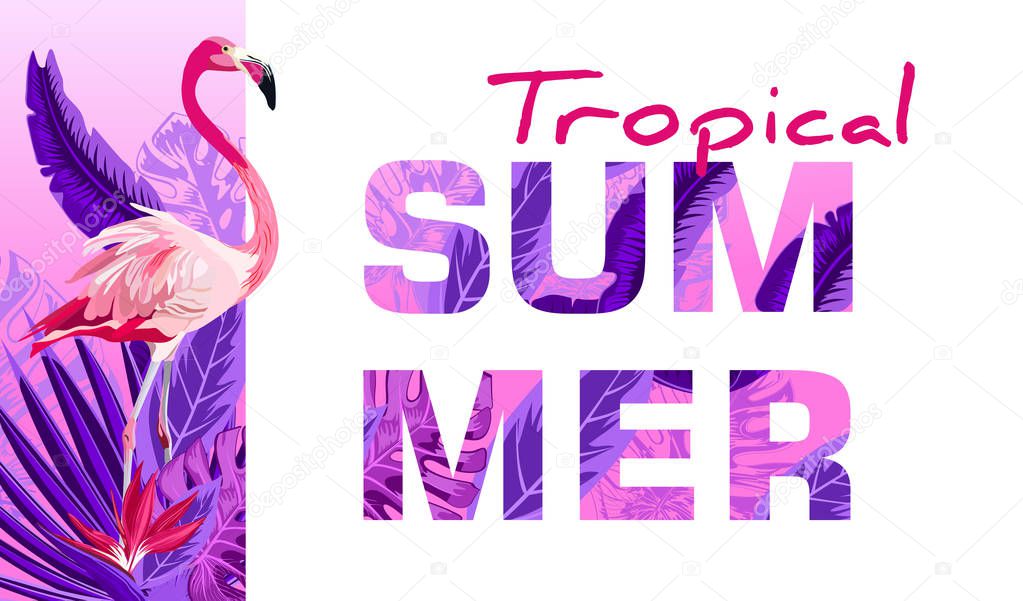Summer tropical backgrounds with tropical palm leaves, plants and with Pink flamingo.  Negative space trend. Summer placard, poster, flyer, banner invitation card.