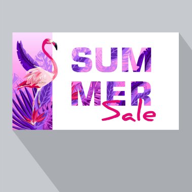 Yaz tropikal arka tropikal palmiye yaprakları, bitkiler ve pembe flamingo. Negatif alan eğilim. Yaz afiş, poster, el ilanı, afiş davetiye.