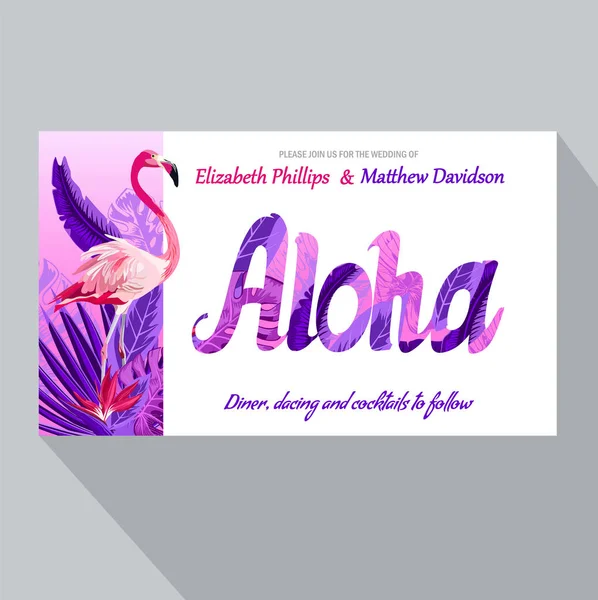 Bruiloft Uitnodigingskaart Met Flamingo Tropische Palm Bladeren Planten Paradijsvogel Negatieve — Stockvector